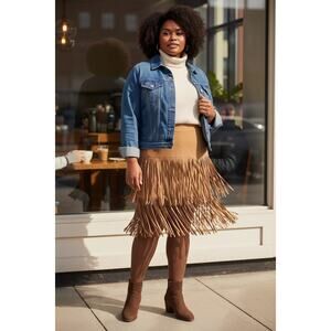New York & Company Tan Ultra Suede Fringe Skirt | Boho Western Chic | 14